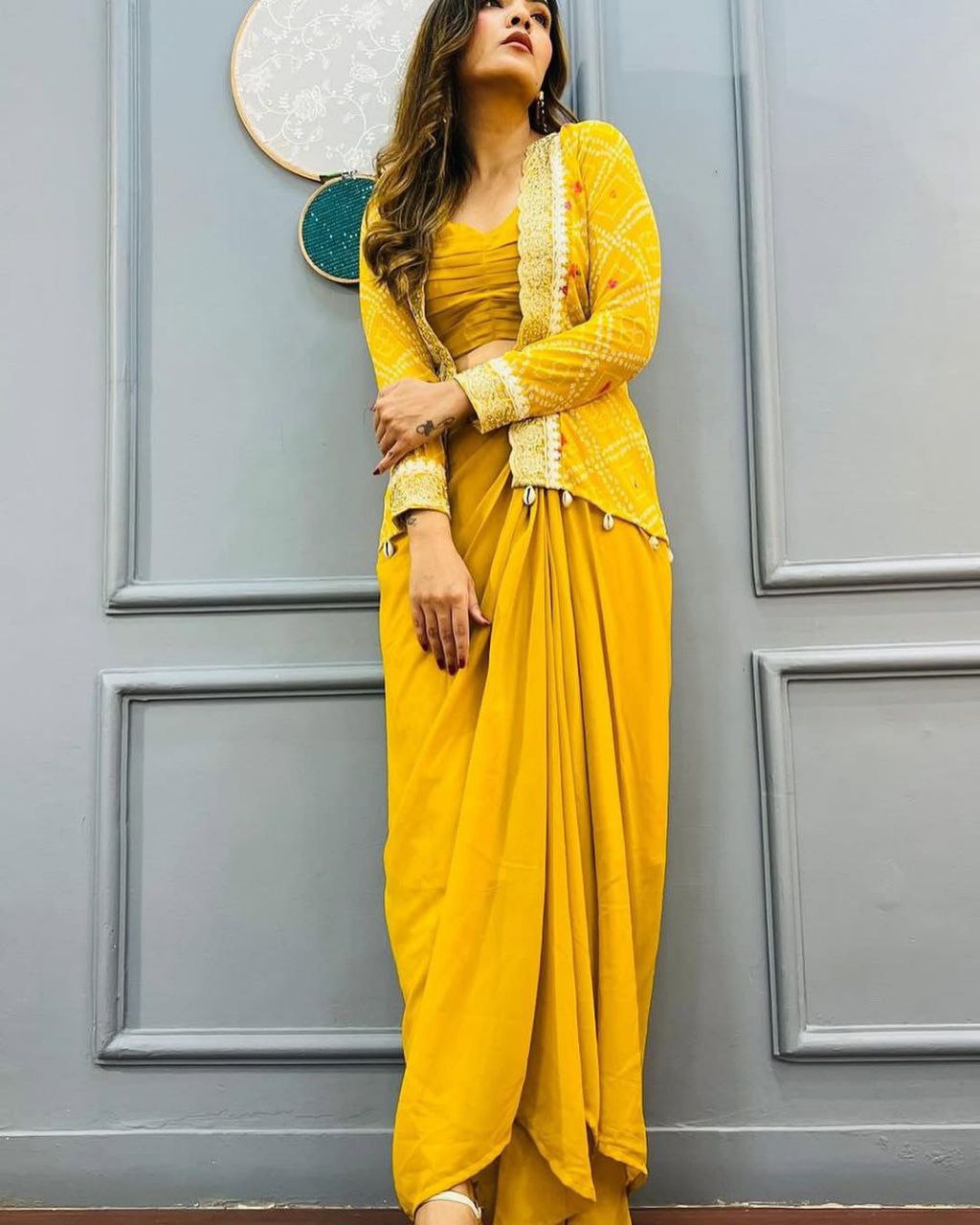 "Elegant Heavy Georgette Dhoti Style Sarara with Blouse & Koti – Perfect Fusion of Traditional & Modern!"