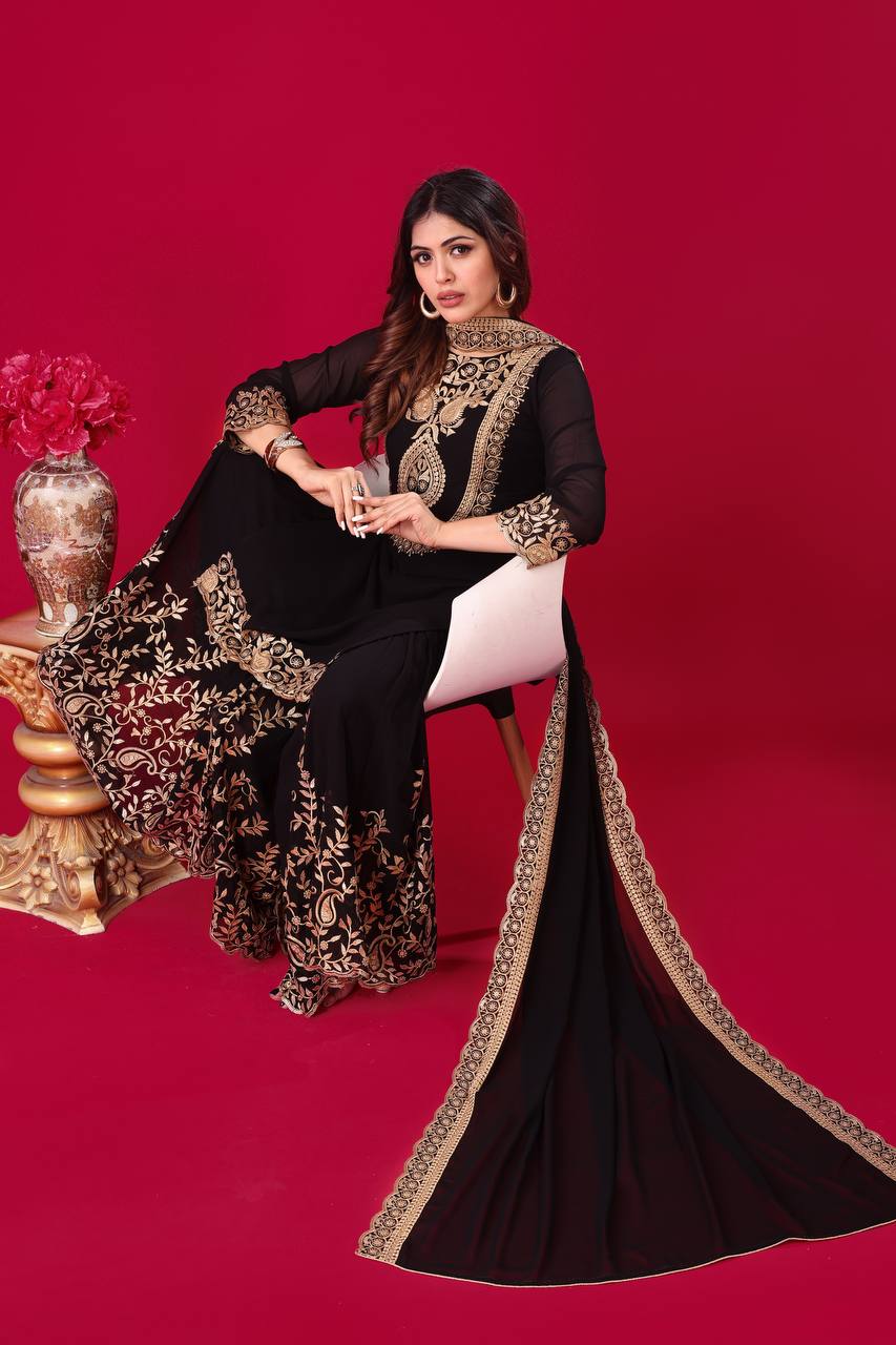 "Elegant Faux Georgette Embroidered Outfit with Plazzo and Dupatta"