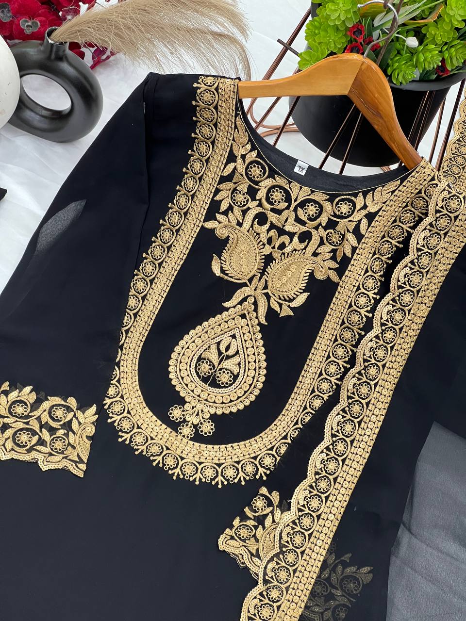 "Elegant Faux Georgette Embroidered Outfit with Plazzo and Dupatta"