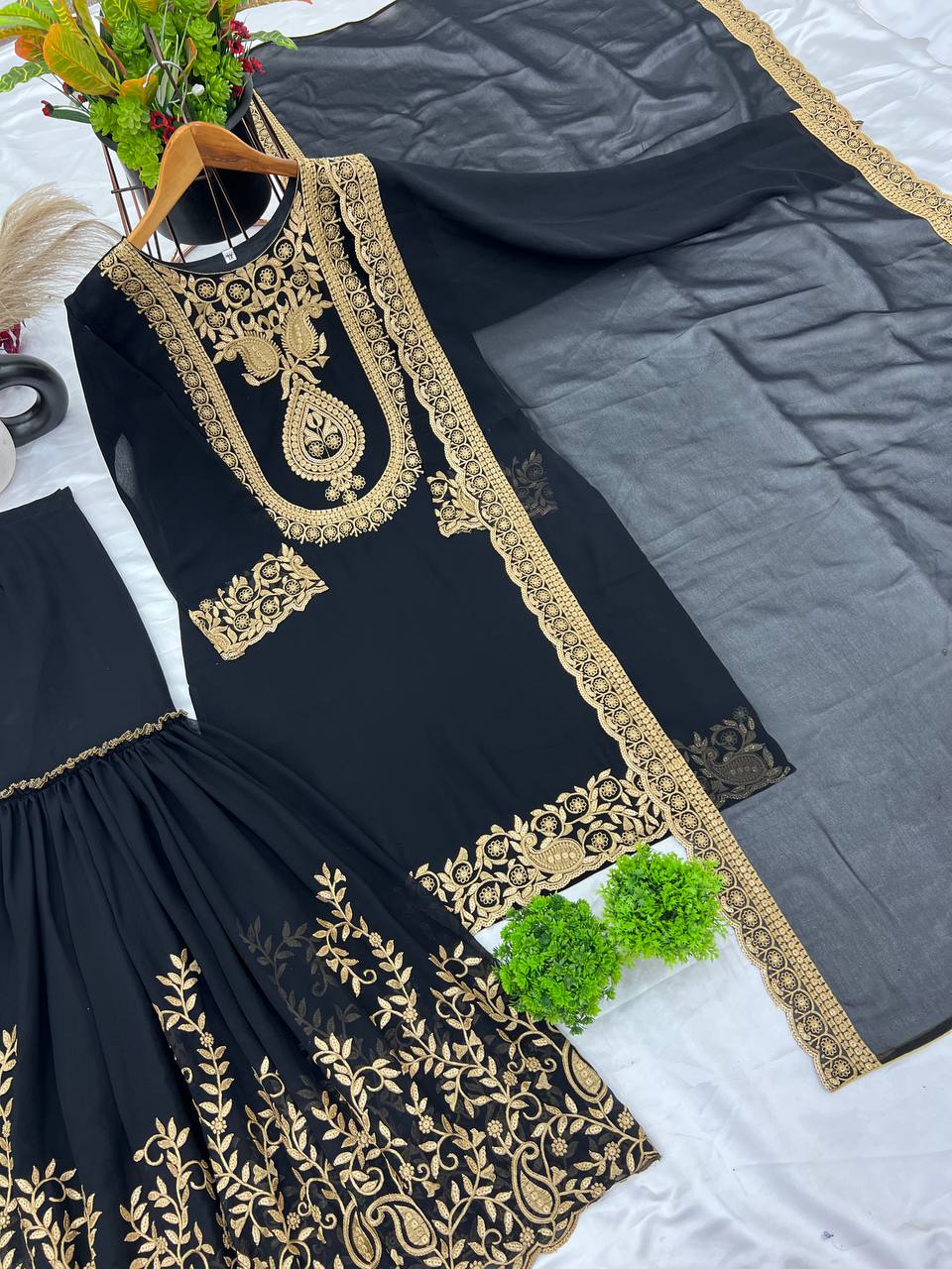 "Elegant Faux Georgette Embroidered Outfit with Plazzo and Dupatta"