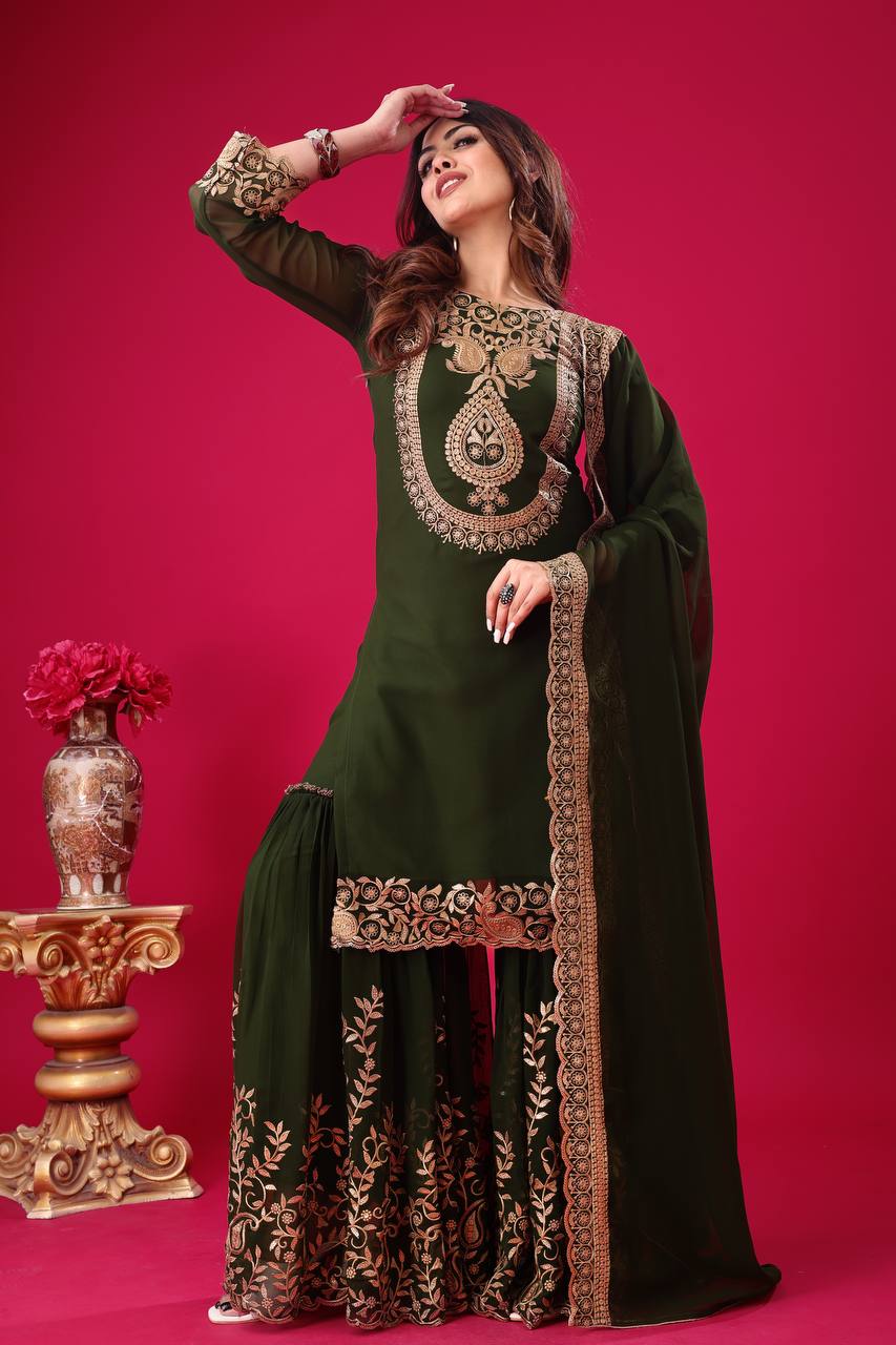 "Elegant Faux Georgette Embroidered Outfit with Plazzo and Dupatta"