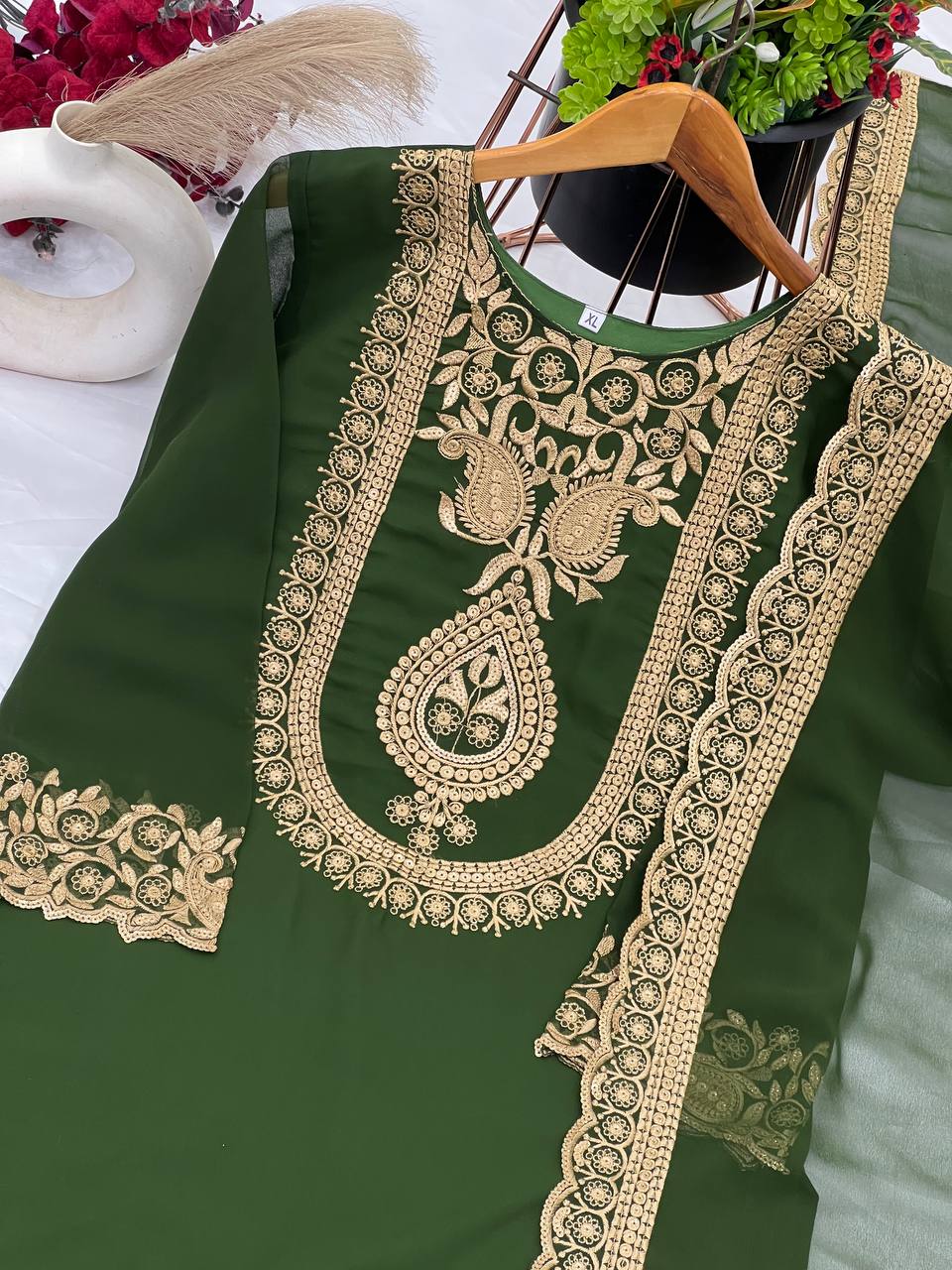 "Elegant Faux Georgette Embroidered Outfit with Plazzo and Dupatta"