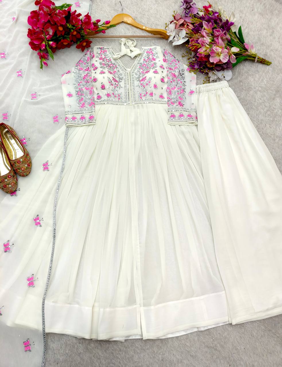 "Elegant GWON Set: Pure Fox Georgette with Heavy Embroidery and Full Stitch Details"