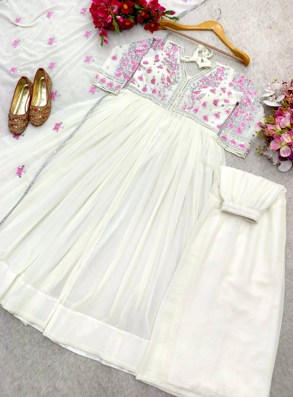 "Elegant GWON Set: Pure Fox Georgette with Heavy Embroidery and Full Stitch Details"