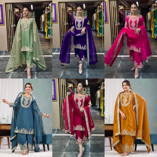 "Elegant Heavy Chinnon Silk Set with Intricate Embroidery & Coding Sequence Work"