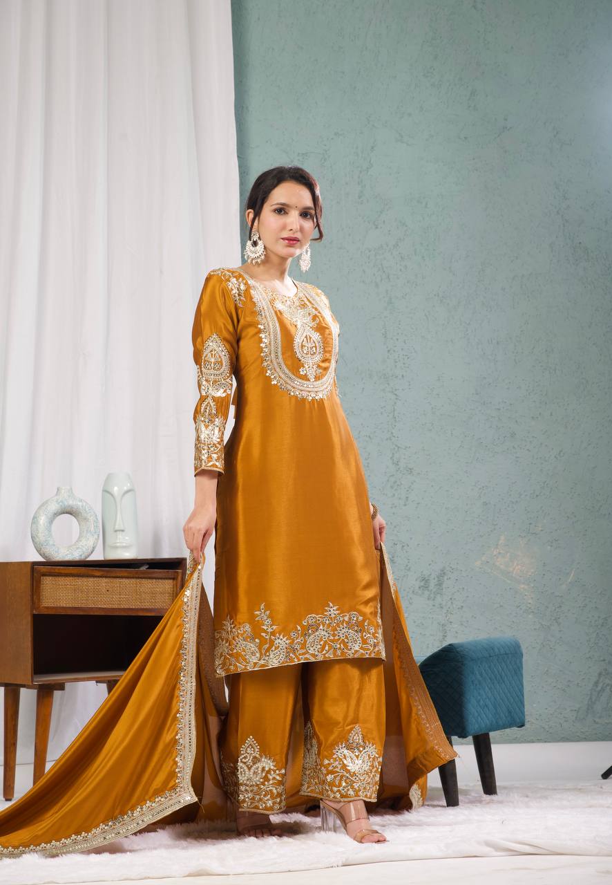 "Elegant Heavy Chinnon Silk Set with Intricate Embroidery & Coding Sequence Work"
