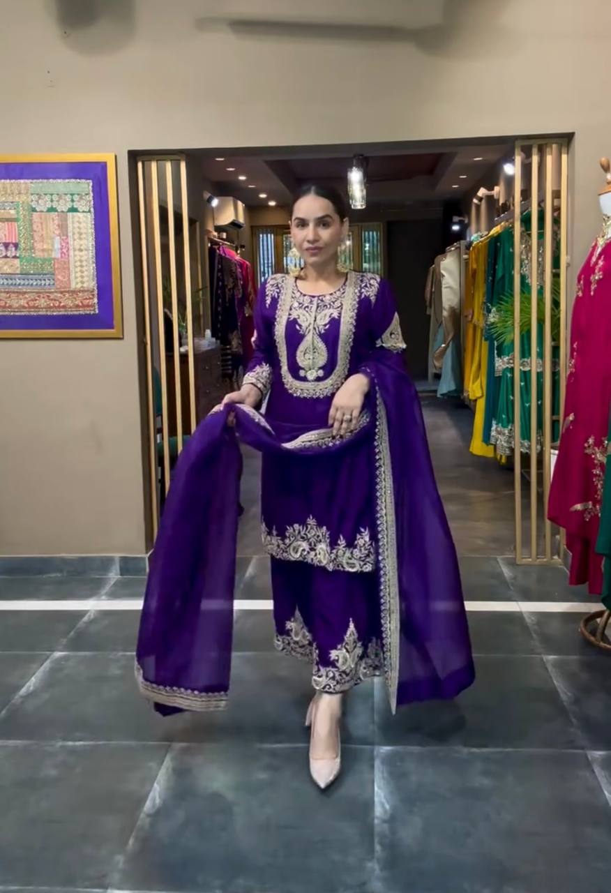 "Elegant Heavy Chinnon Silk Set with Intricate Embroidery & Coding Sequence Work"