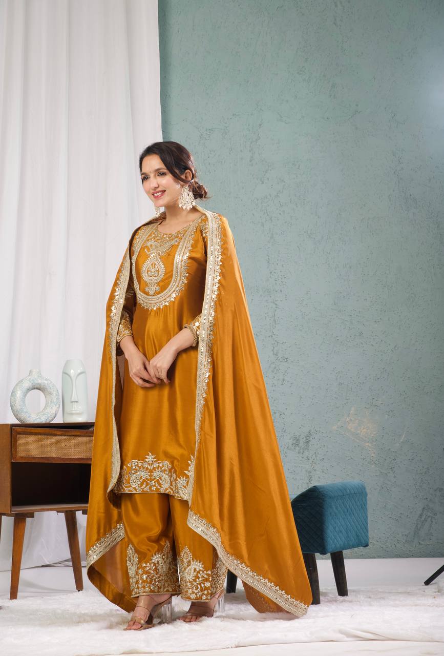 "Elegant Heavy Chinnon Silk Set with Intricate Embroidery & Coding Sequence Work"