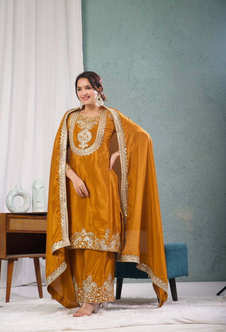 "Elegant Heavy Chinnon Silk Set with Intricate Embroidery & Coding Sequence Work"