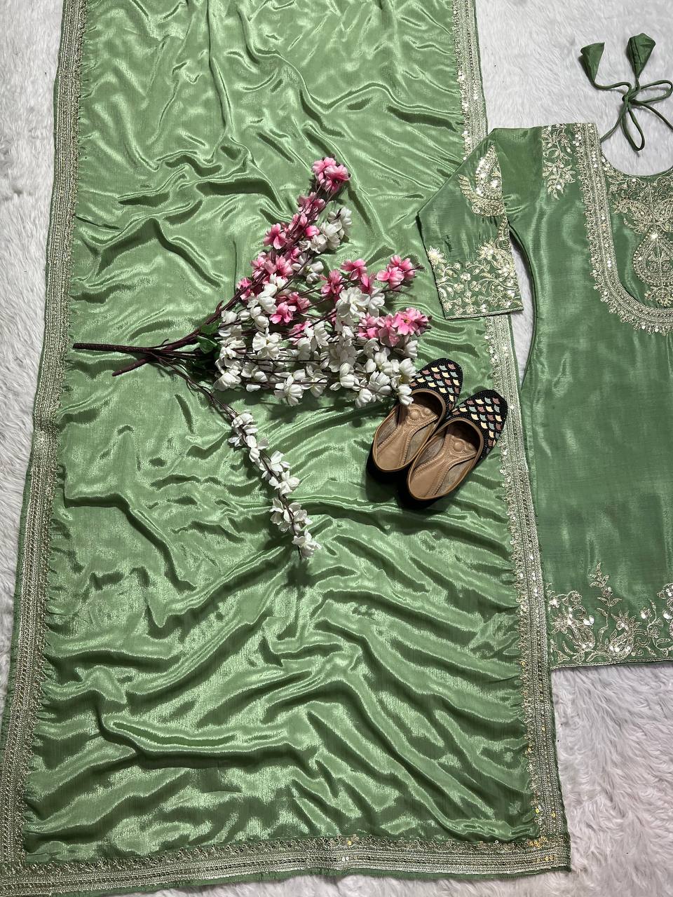 "Elegant Heavy Chinnon Silk Set with Intricate Embroidery & Coding Sequence Work"