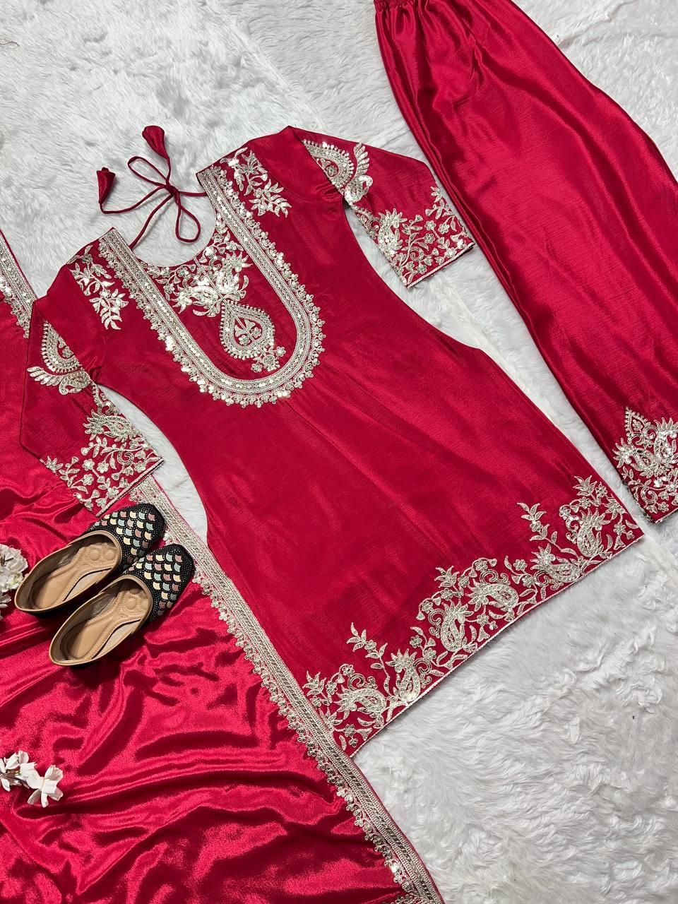 "Elegant Heavy Chinnon Silk Set with Intricate Embroidery & Coding Sequence Work"