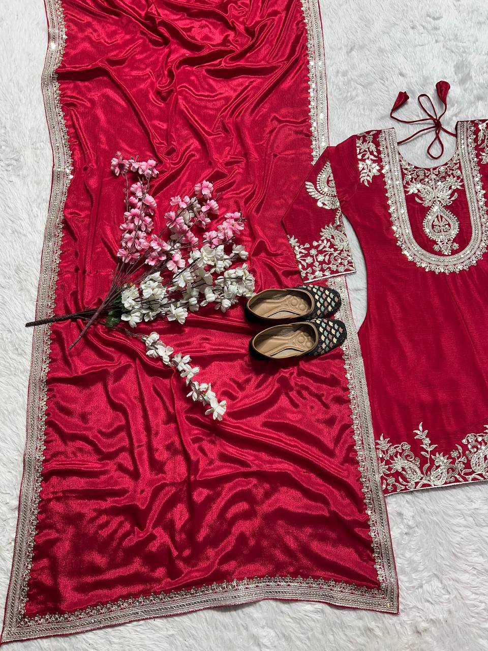 "Elegant Heavy Chinnon Silk Set with Intricate Embroidery & Coding Sequence Work"