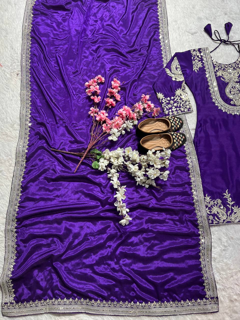 "Elegant Heavy Chinnon Silk Set with Intricate Embroidery & Coding Sequence Work"