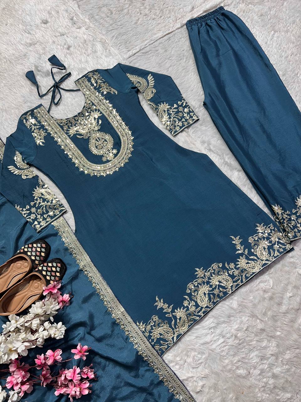 "Elegant Heavy Chinnon Silk Set with Intricate Embroidery & Coding Sequence Work"