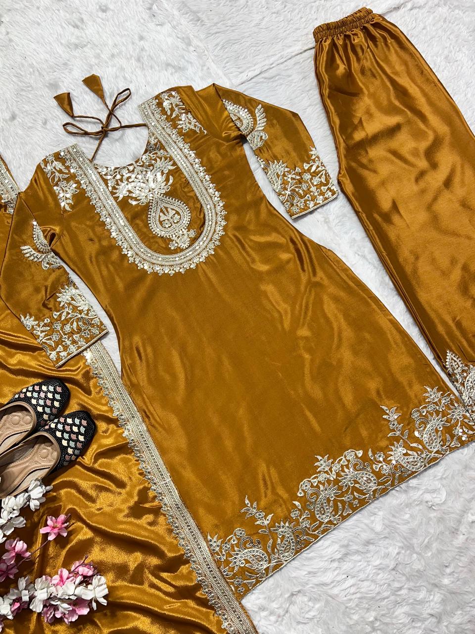 "Elegant Heavy Chinnon Silk Set with Intricate Embroidery & Coding Sequence Work"