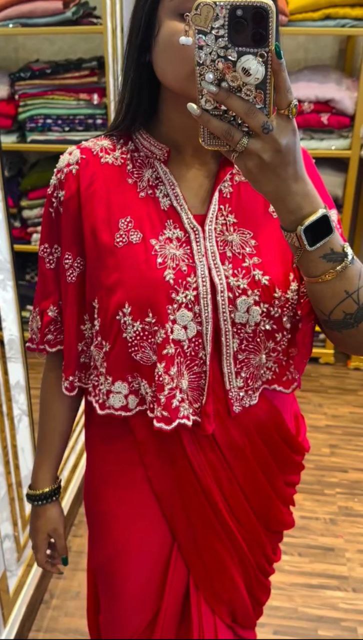 "Elegant Heavy Chinon Gown with Embroidered Shrug"