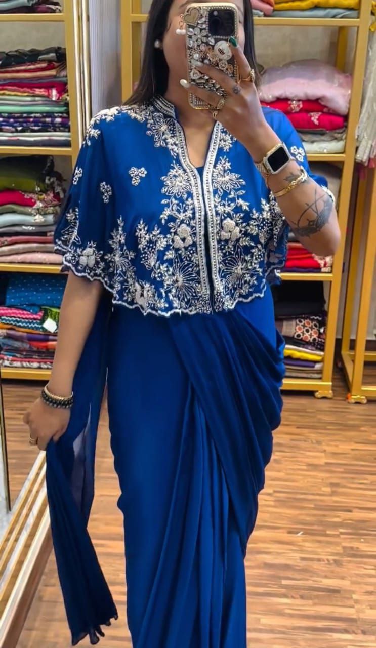 "Elegant Heavy Chinon Gown with Embroidered Shrug"