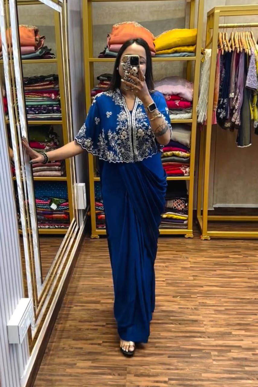 "Elegant Heavy Chinon Gown with Embroidered Shrug"