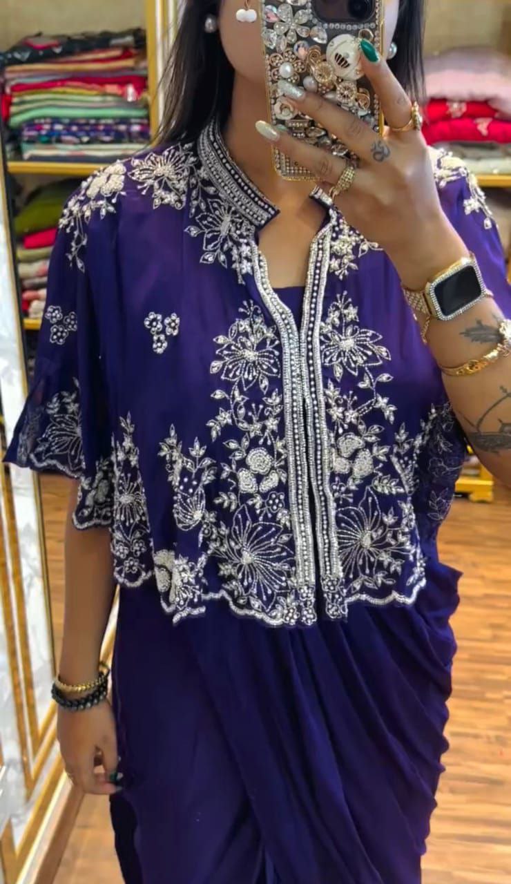 "Elegant Heavy Chinon Gown with Embroidered Shrug"