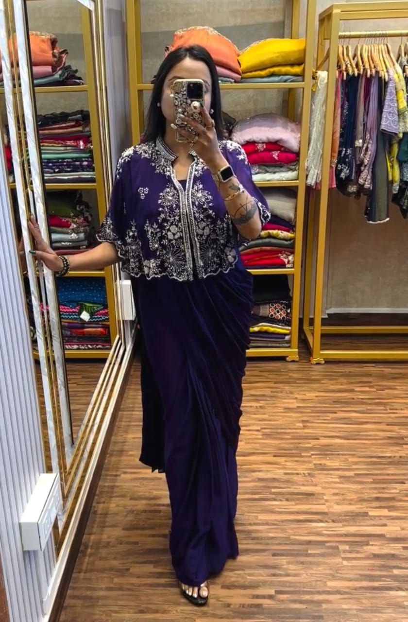 "Elegant Heavy Chinon Gown with Embroidered Shrug"