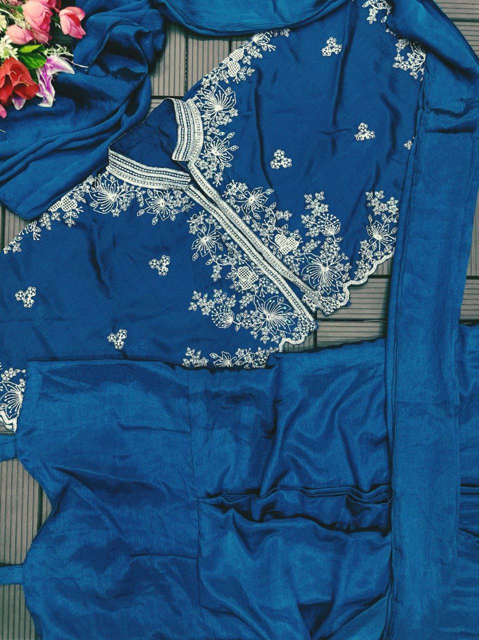 "Elegant Heavy Chinon Gown with Embroidered Shrug"