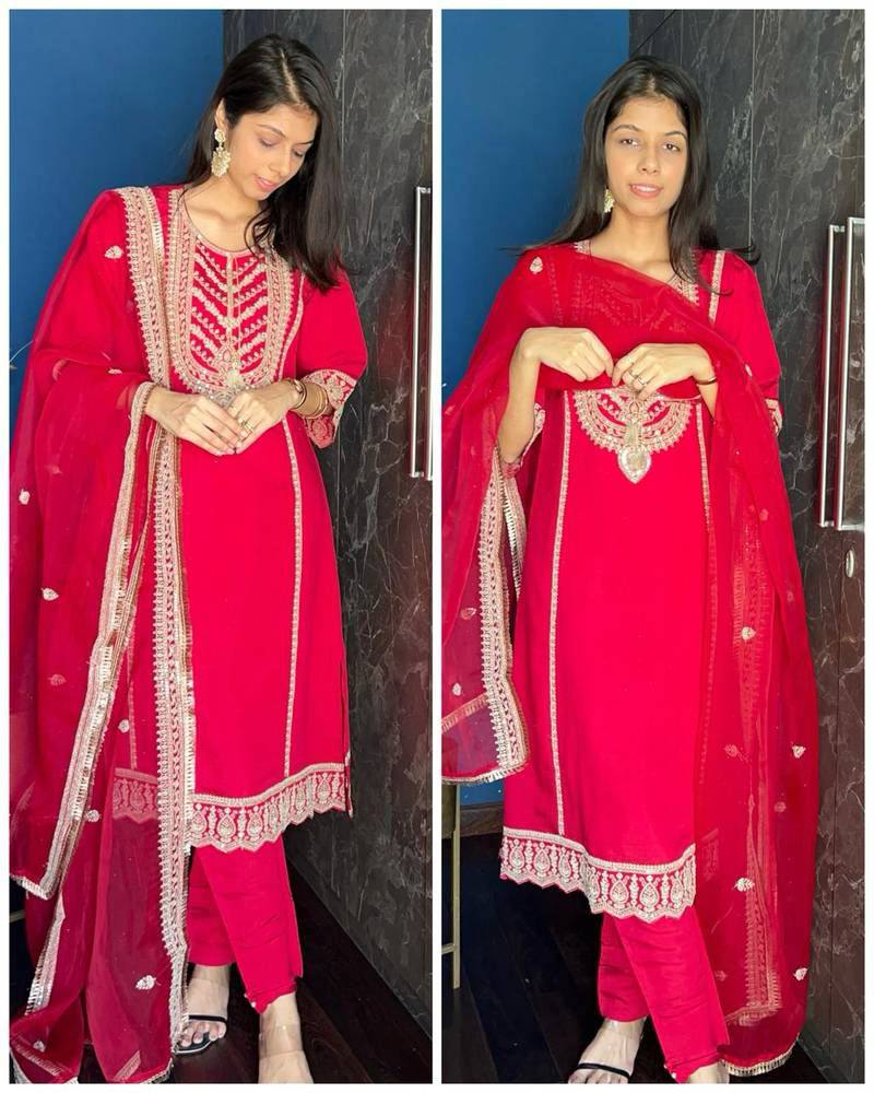 "Elegant Chinnon Embroidered Ensemble with Cording Sequence & Dupatta"