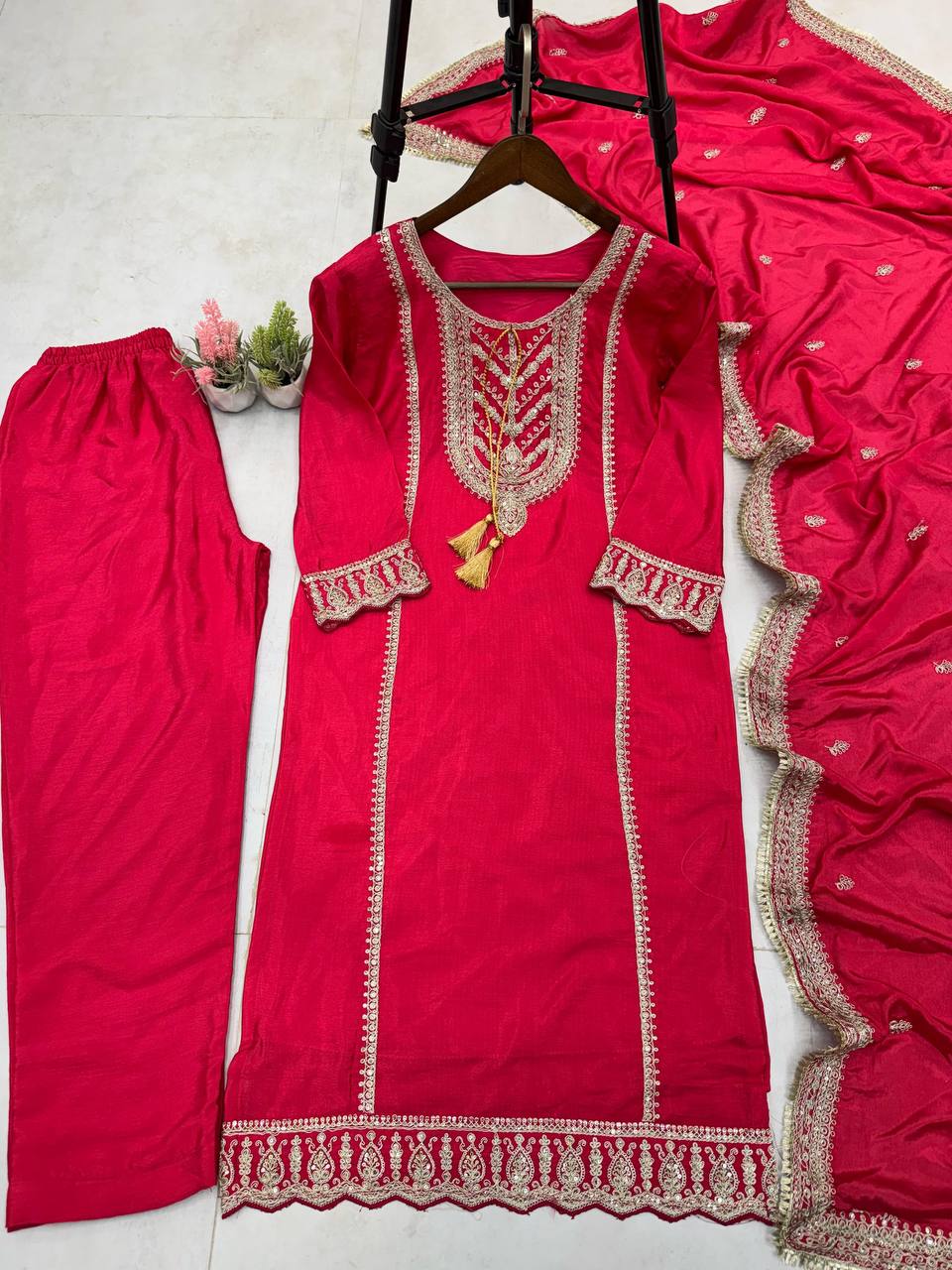 "Elegant Chinnon Embroidered Ensemble with Cording Sequence & Dupatta"