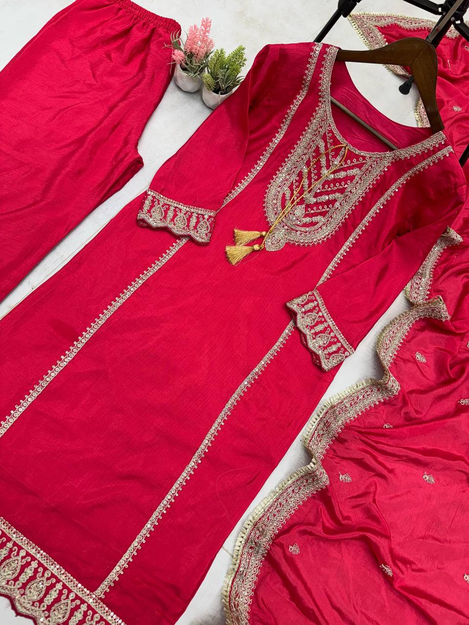 "Elegant Chinnon Embroidered Ensemble with Cording Sequence & Dupatta"