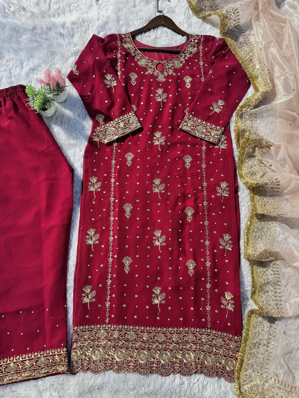 "Luxurious Fox Georgette Sequence & Moti Work Eid Suit with Embellished Dupatta"