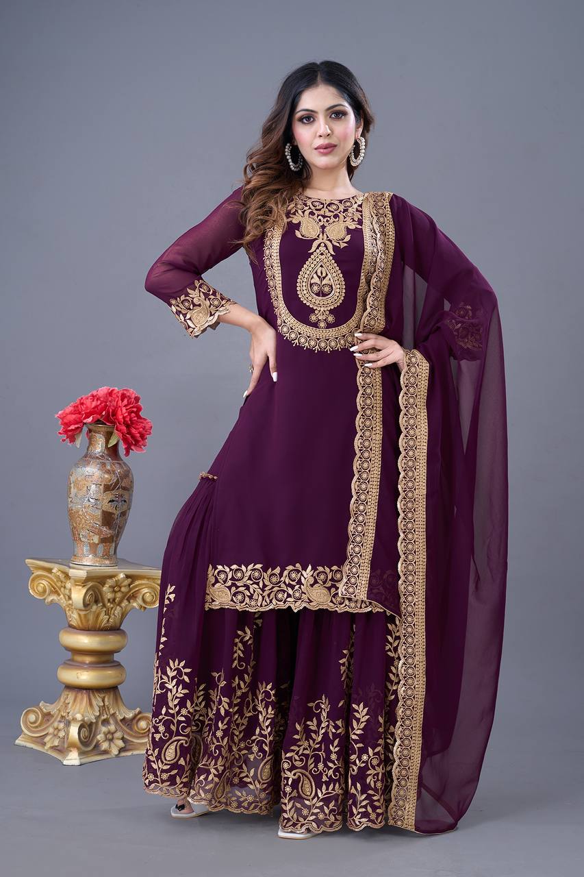"Elegant Faux Georgette Embroidered Outfit with Plazzo and Dupatta"
