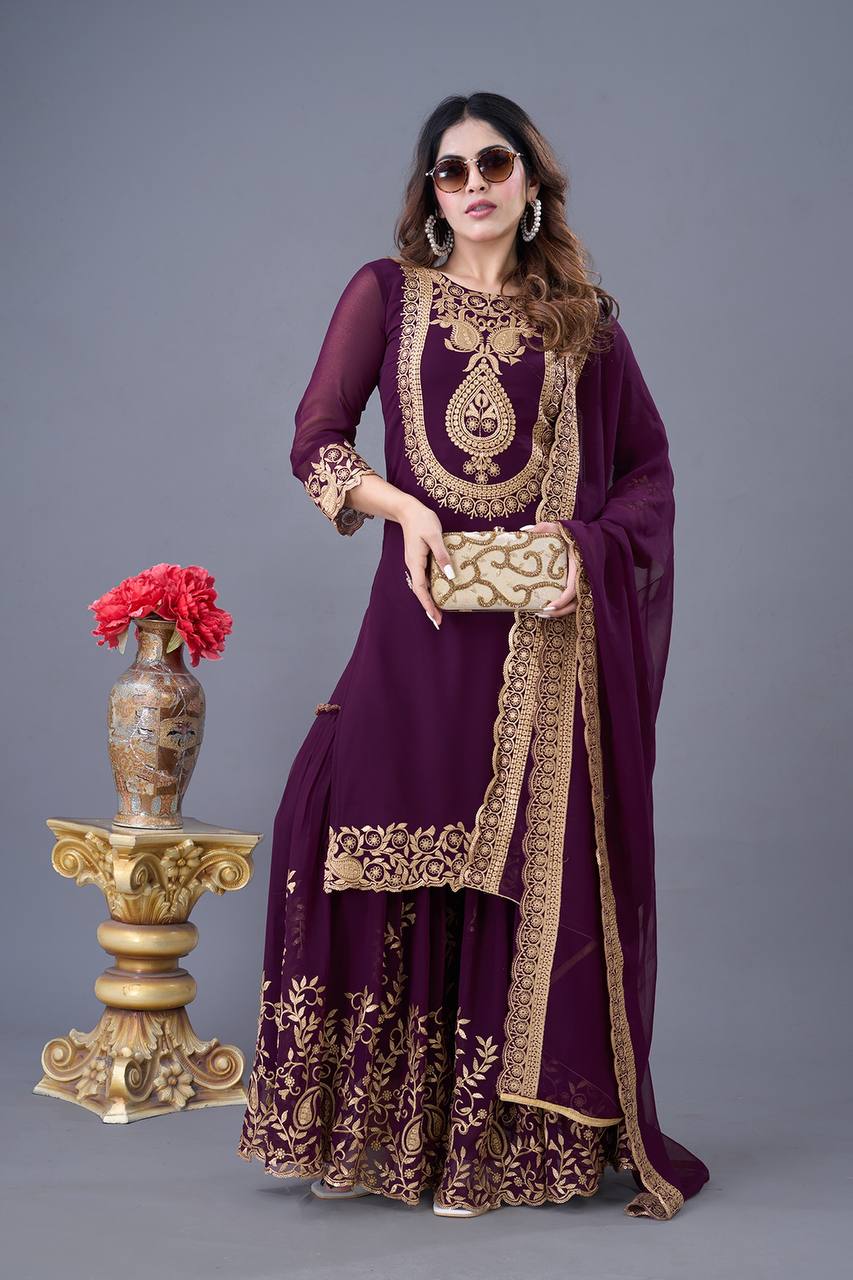 "Elegant Faux Georgette Embroidered Outfit with Plazzo and Dupatta"