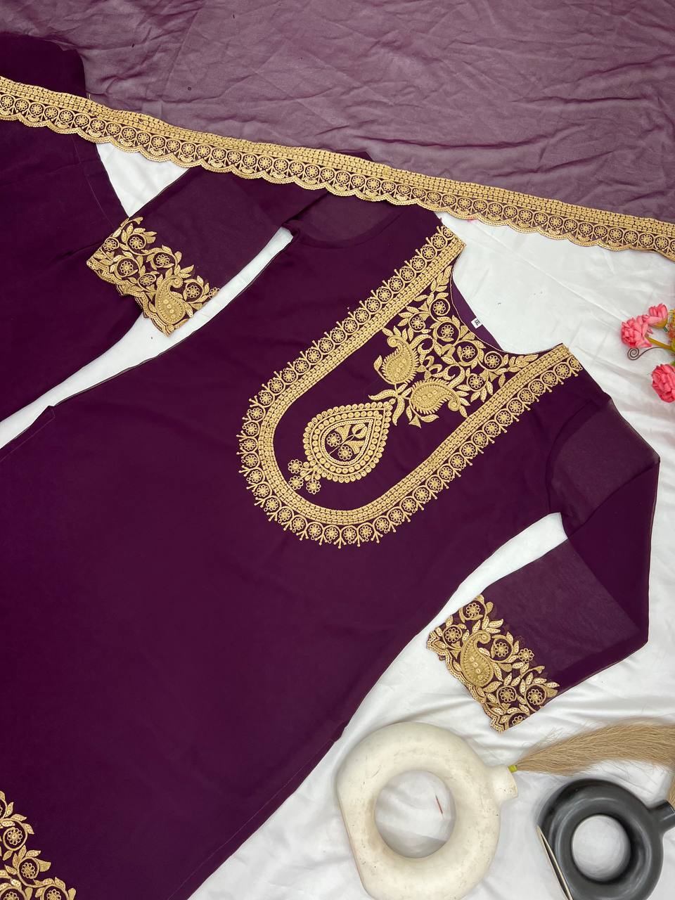 "Elegant Faux Georgette Embroidered Outfit with Plazzo and Dupatta"