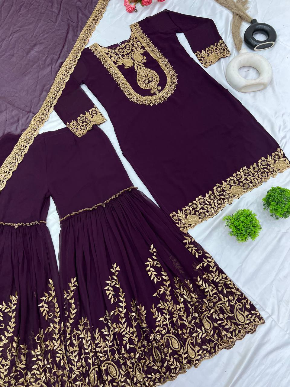 "Elegant Faux Georgette Embroidered Outfit with Plazzo and Dupatta"