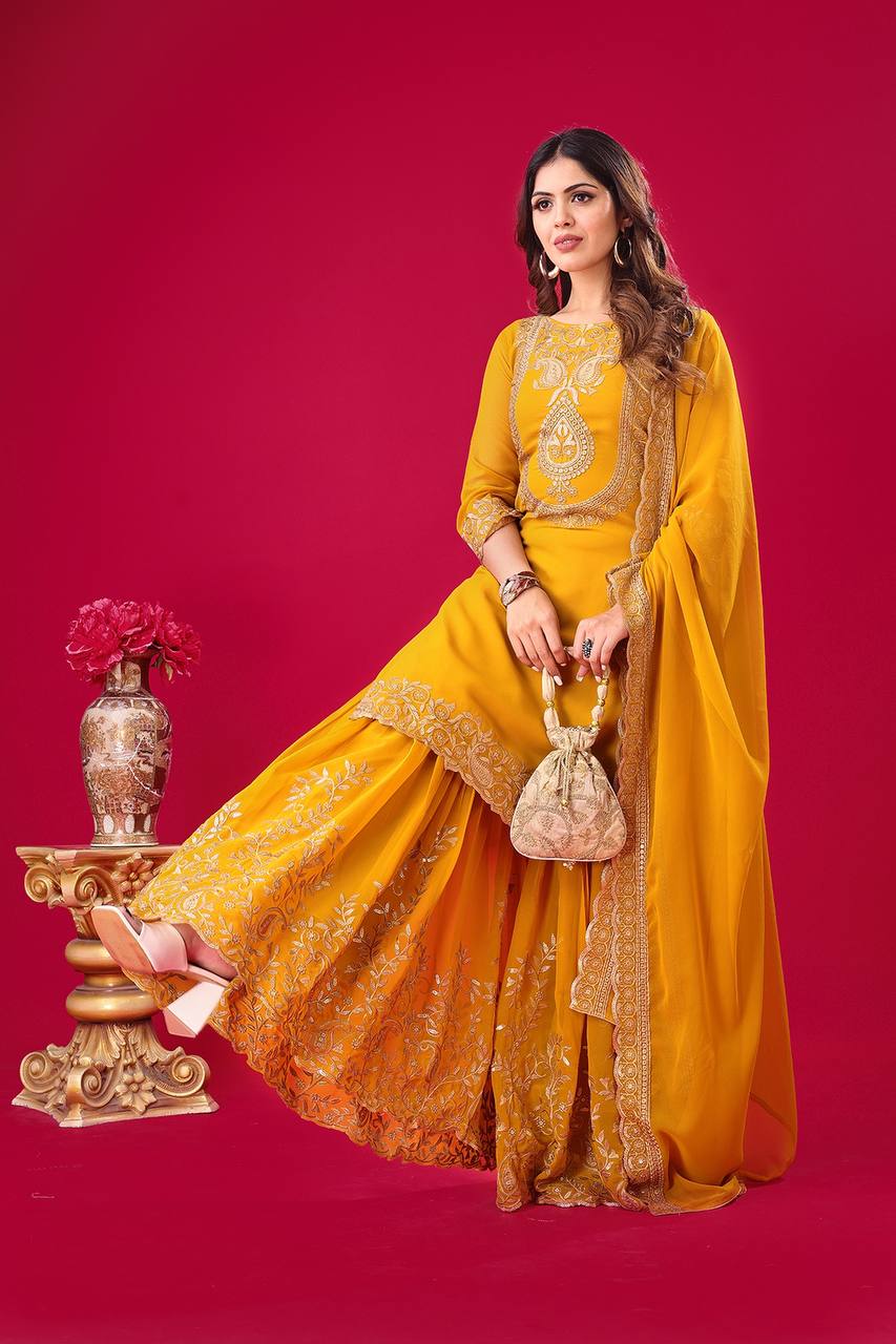 "Elegant Faux Georgette Embroidered Outfit with Plazzo and Dupatta"
