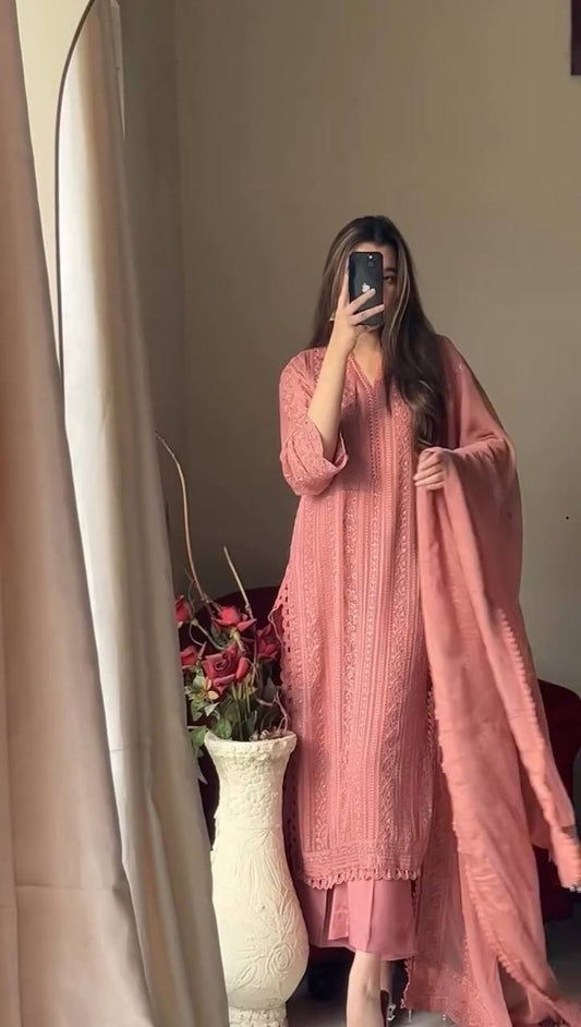 "Elegant Chinon Embroidered Top & Plazo Set with Silk Inner and GPO Lace Dupatta"