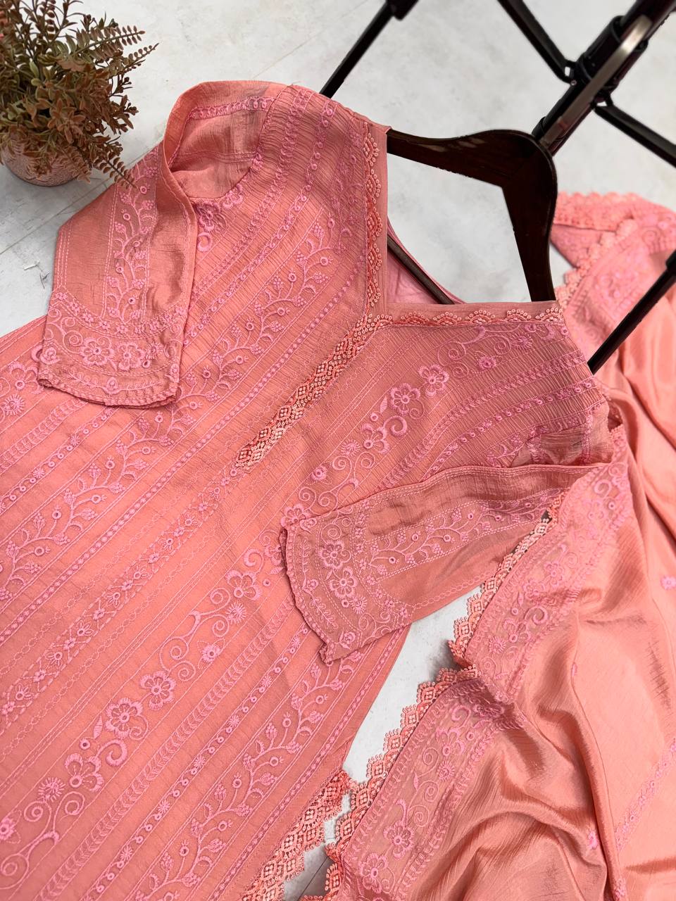 "Elegant Chinon Embroidered Top & Plazo Set with Silk Inner and GPO Lace Dupatta"