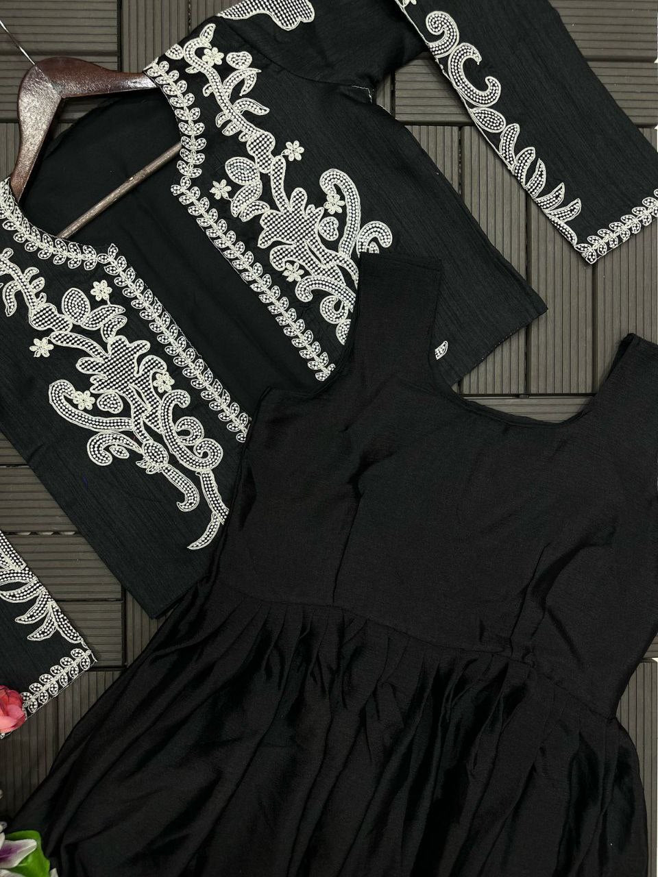 "Elegant Embroidered Chinon Gown with Banglori Jacket - Fully Stitched"