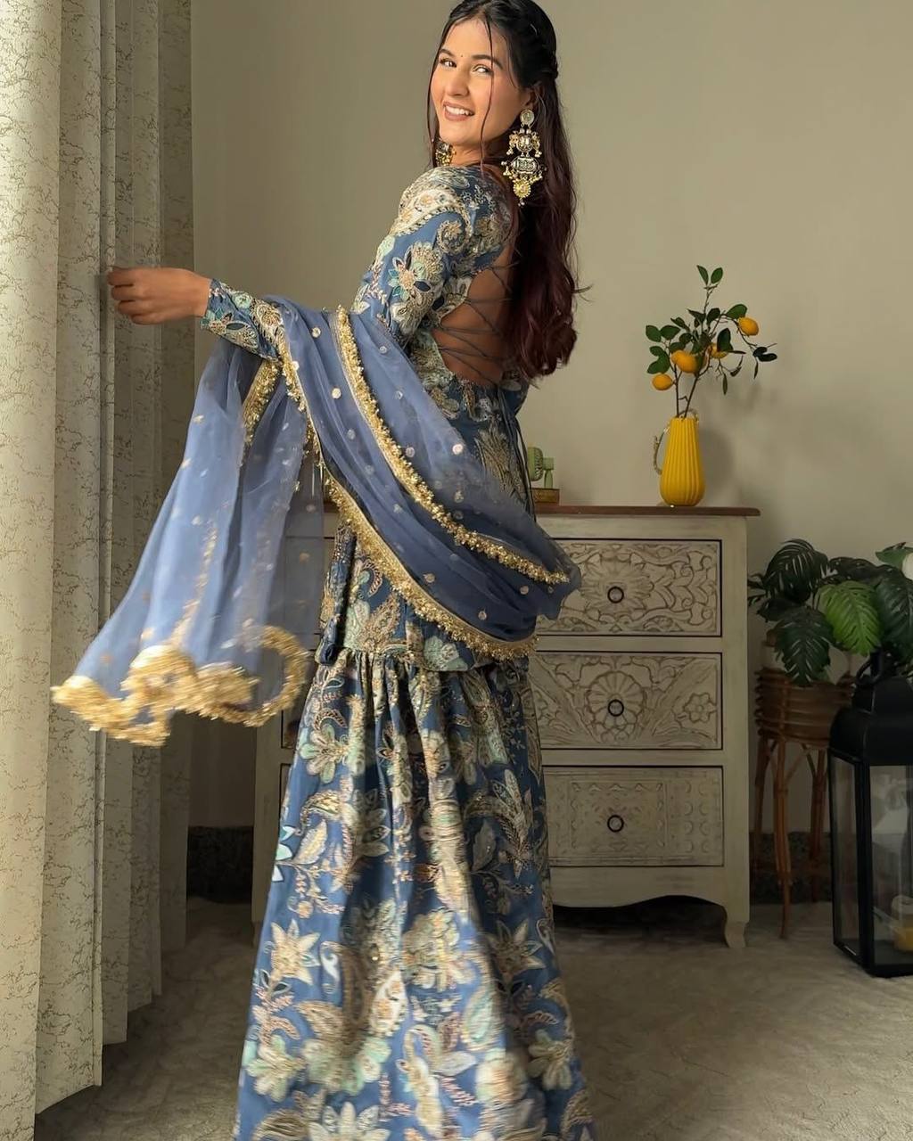 “Chinon Sequence Embroidered Suit Set with Sharara & Net Dupatta – Festive Elegance”