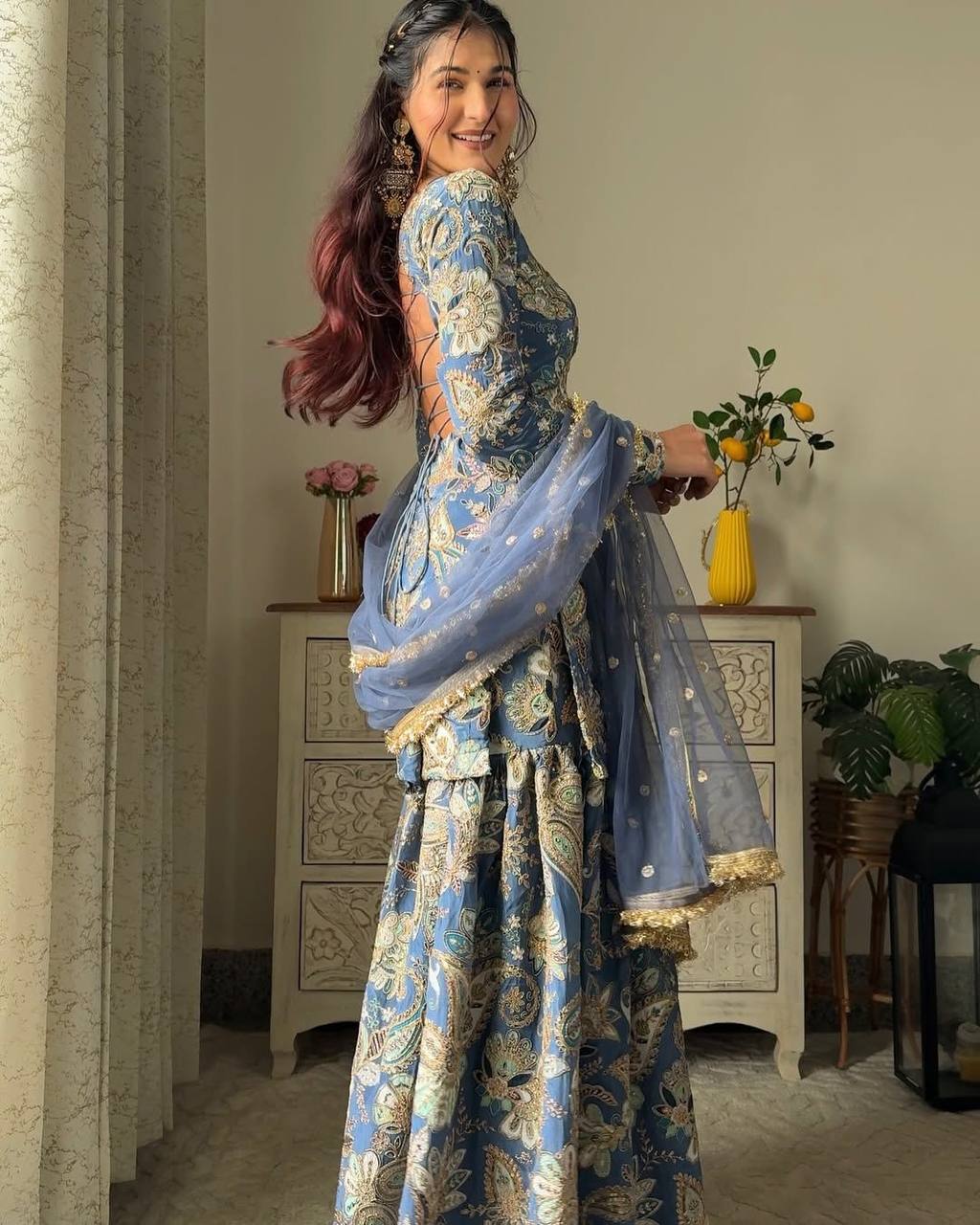 “Chinon Sequence Embroidered Suit Set with Sharara & Net Dupatta – Festive Elegance”