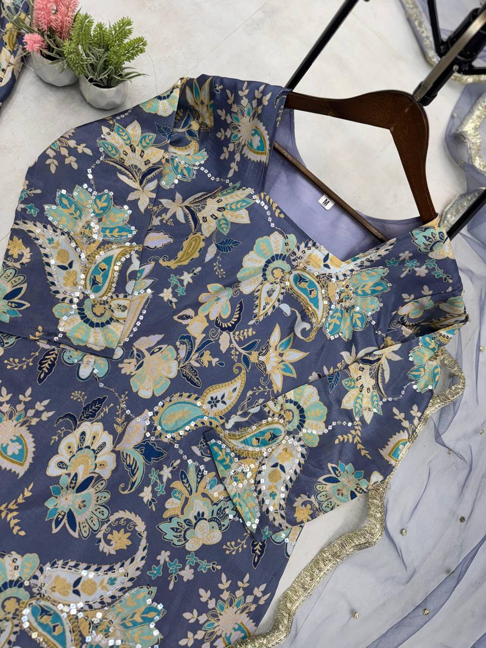 “Chinon Sequence Embroidered Suit Set with Sharara & Net Dupatta – Festive Elegance”