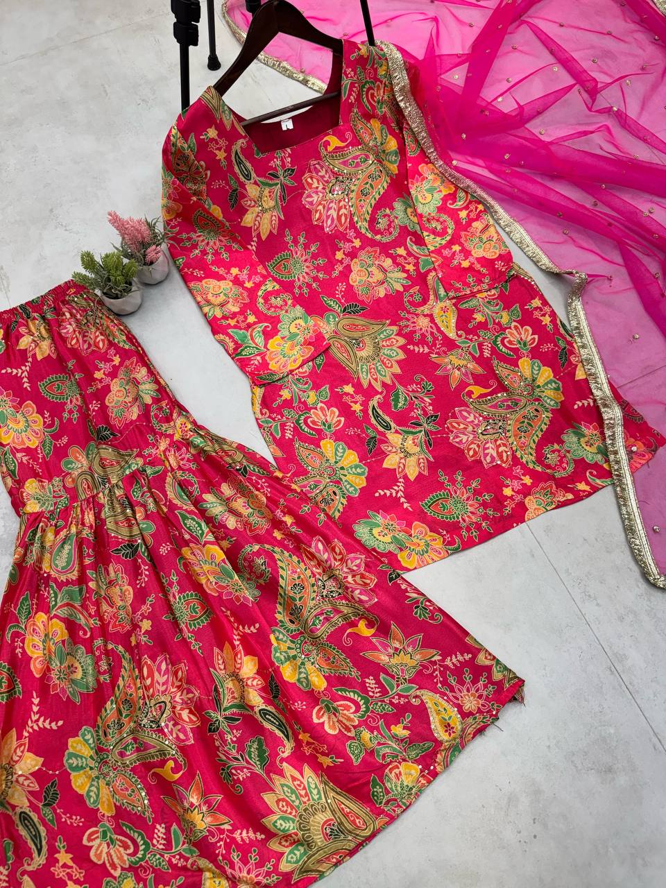 “Chinon Sequence Embroidered Suit Set with Sharara & Net Dupatta – Festive Elegance”