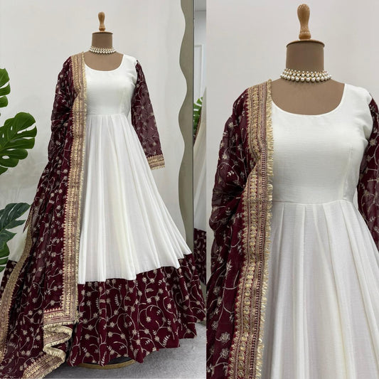 "Elegant Chinon Silk Top with Faux Georgette Dupatta – Thread & Sequin Work with Lace Border"