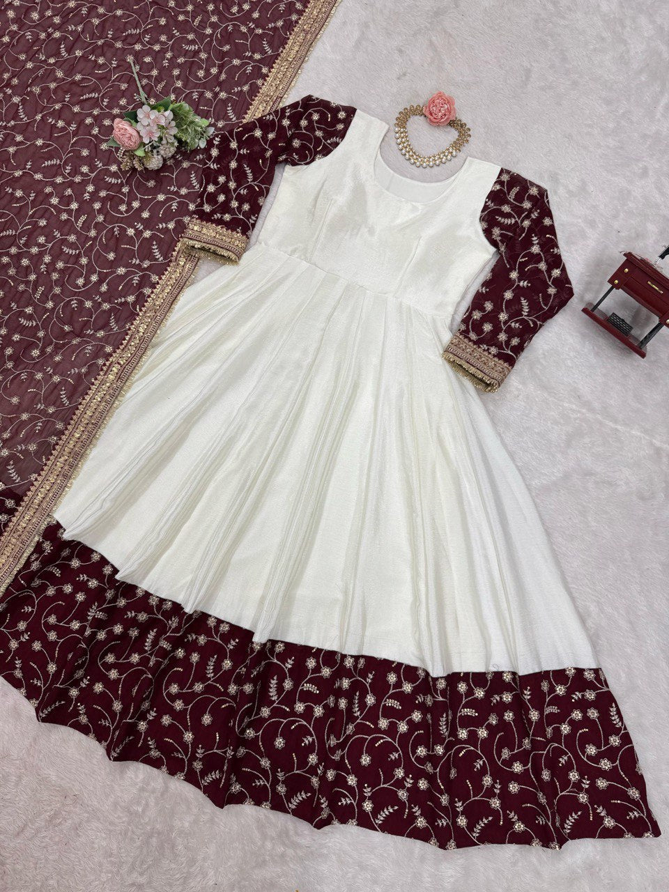 "Elegant Chinon Silk Top with Faux Georgette Dupatta β Thread & Sequin Work with Lace Border"