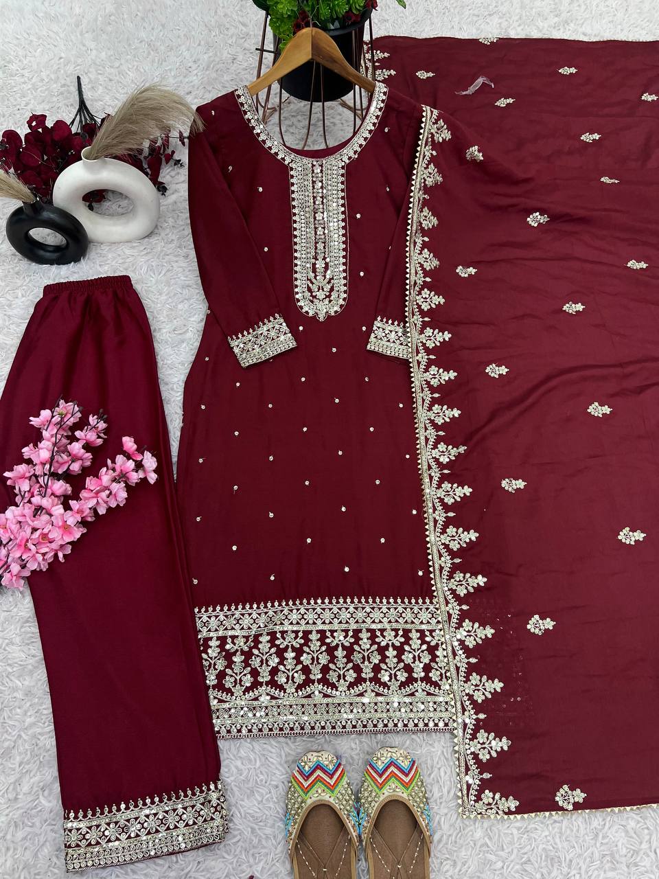 "Chinnon Silk Embroidered Top, Pant, and Dupatta Set with Heavy Sequence Work"