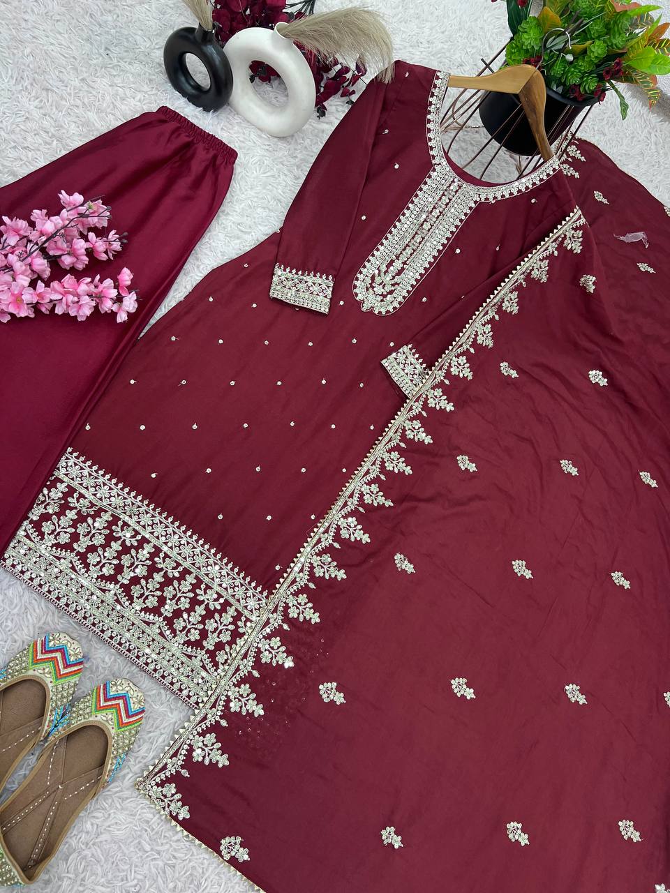 "Chinnon Silk Embroidered Top, Pant, and Dupatta Set with Heavy Sequence Work"
