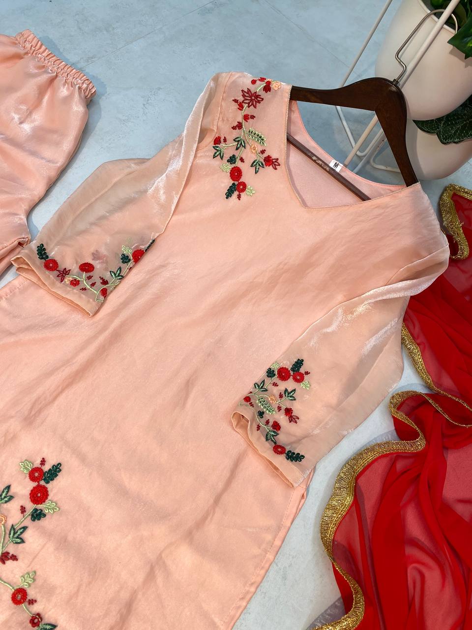 "Elegant Fendi Embroidered Set with Georgette Dupatta and Circular Plazo"