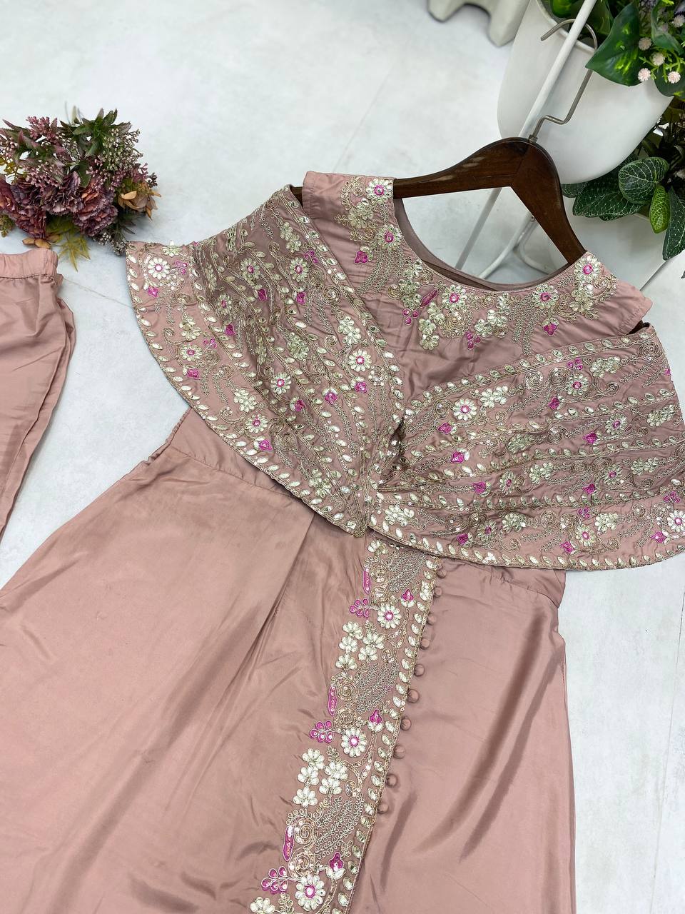 "Elegant Crepe Silk Fancy Top & Pant Set with Cording Sequence Embroidery and Foil Paper Work"