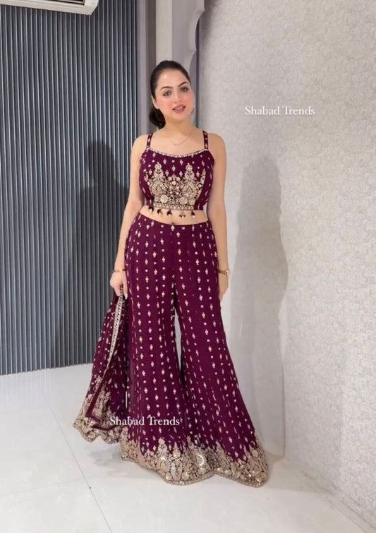 "Elegant Georgette Palazzo Set with Embroidery Sequence Work and Fancy Koti"