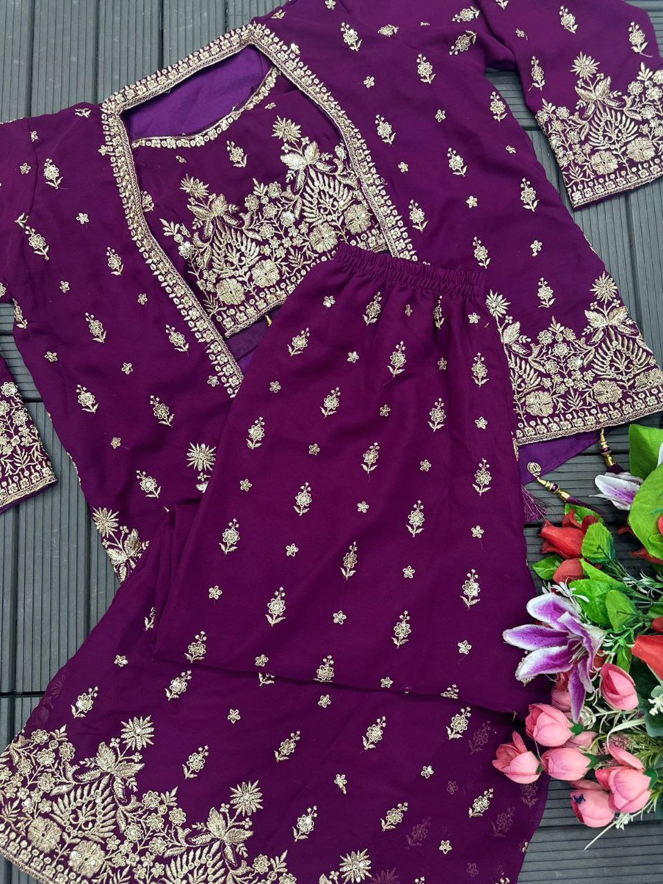 "Elegant Georgette Palazzo Set with Embroidery Sequence Work and Fancy Koti"