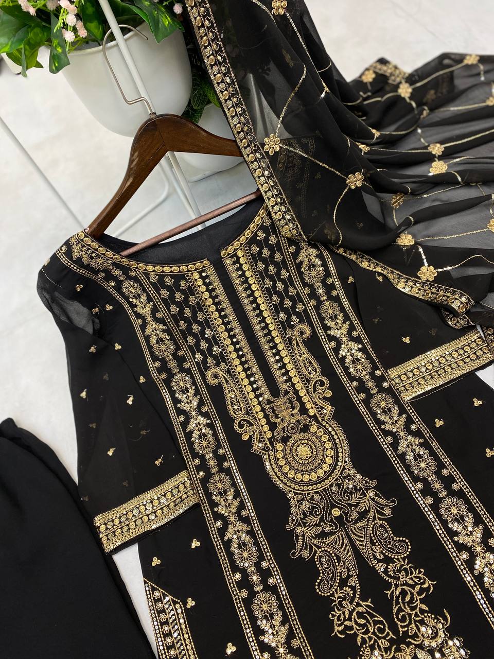 "Elegant Faux Georgette Embroidered Set with Sequence Work – Top, Pant & Dupatta"